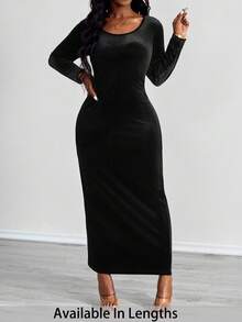 SHEIN PETITE CURVE Petite Plus Solid Scoop Neck Bodycon Dress - Black - View 8