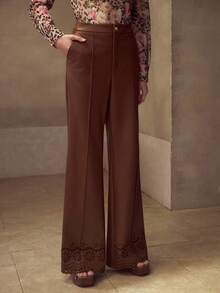 MOTF PREMIUM SLIM-FIT FLARED PANTS WITH LACE HEM AND LEATHER TRIM, COFFEE COLOR - Brown - View 4