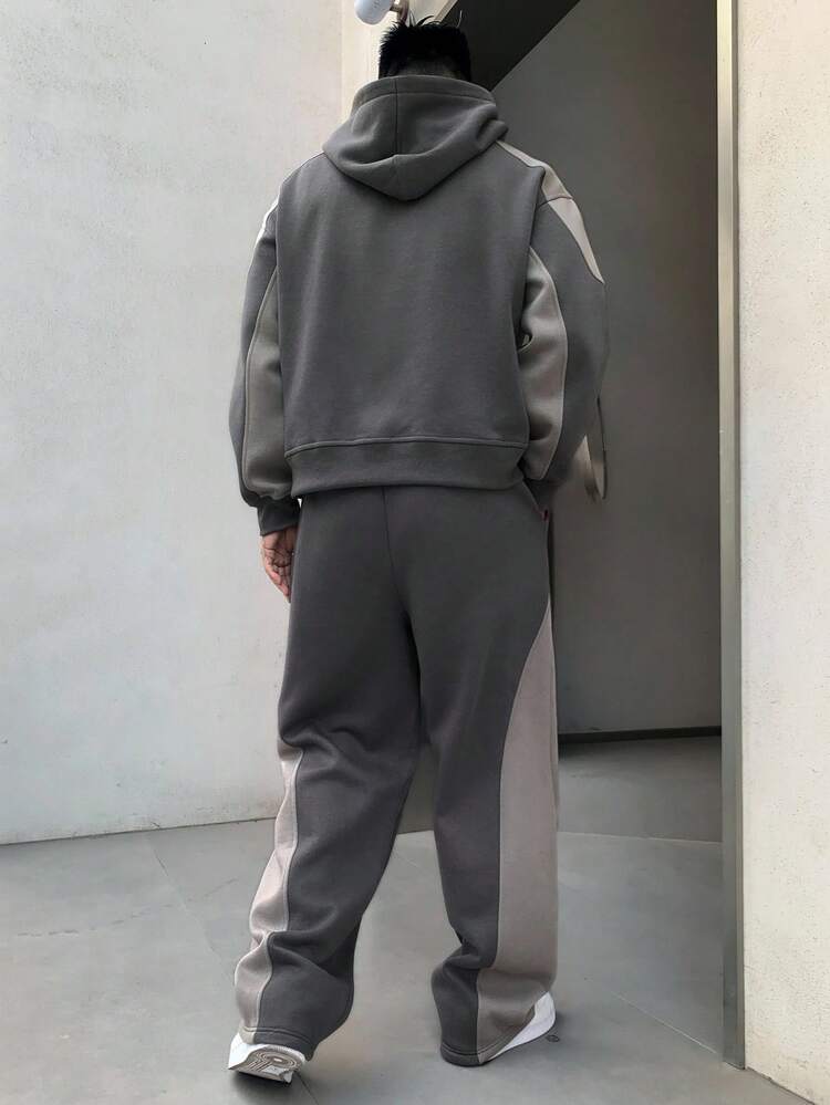 Men's Autumn Hoodie & Pants Set With Contrast Color Patchwork And Letter Embroidery, Thermal Lined, Cozy Outfits