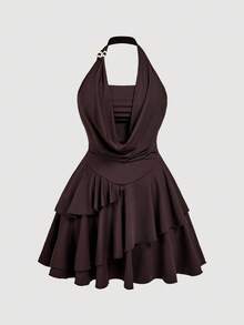 SHEIN MOD 大码复古 70 年代不对称迷你连衣裙，带有荷叶边细节、露背领口、串珠装饰、分层蛋糕下摆和垂坠领口 - 灵感来自 Y2K，非常适合海岛度假、派对、约会、生日庆祝、下午茶和节日，夏季连衣裙、秋季服装，适合外出 - 棕色 - 查看 8