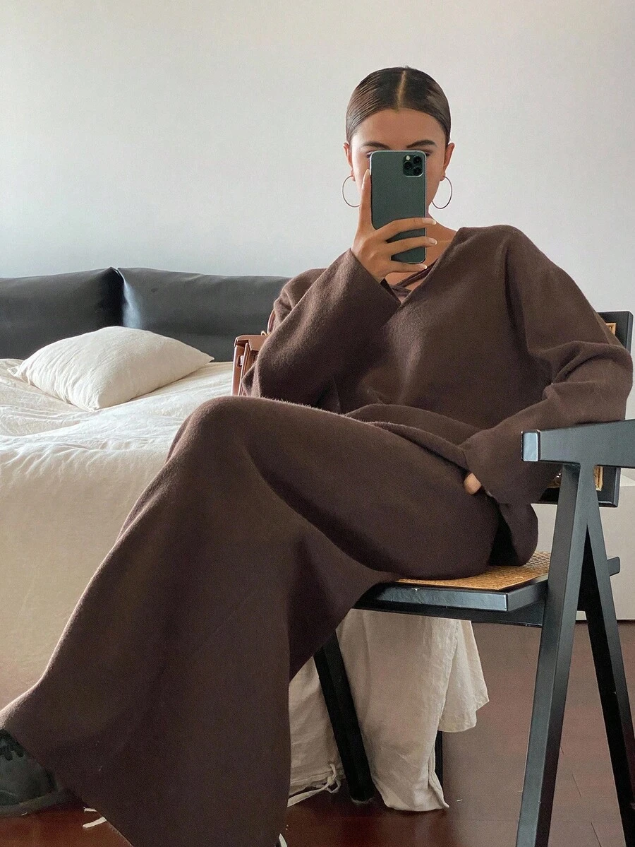 DAZY 2pcs/Set Women Loose Casual Brown Knitted Sweater Set, Autumn/Winter - Brown - View 1