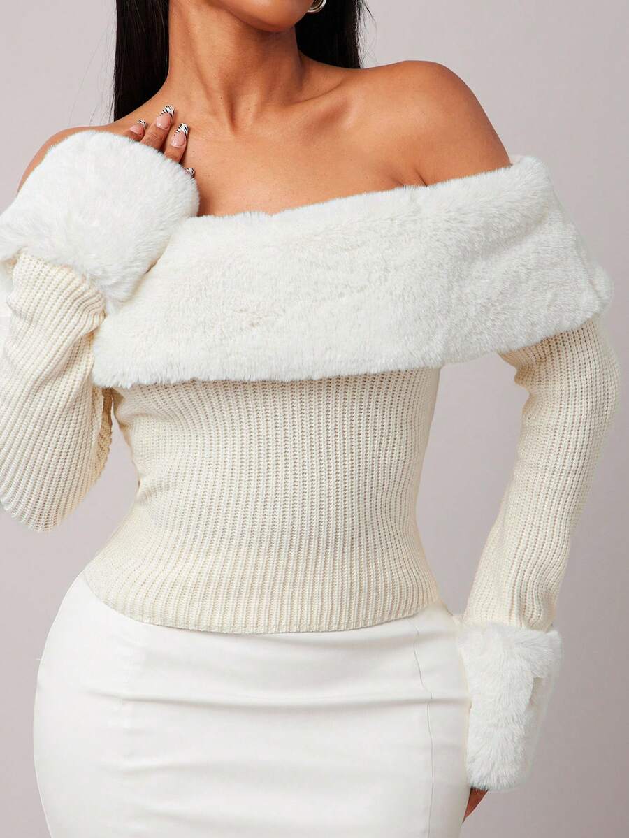Radiana Women's Regular Faux Fur Patchwork Off Shoulder Long Sleeve Fitted Sweater In Fall/Winter - Apricot - View 1