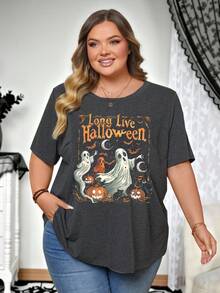 SHEIN CURVE+ Camiseta holgada con gráfico de Halloween de talla grande para otoño/invierno - Blanco - Ver 4