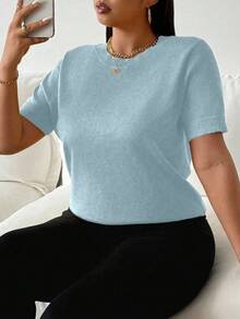Vionelle Plus Size Women Knit Short Sleeve Crew Neck Loose Fit Sweater Solid Color Tops Light Blue Tops Round Neck Top Baby Blue Top Women Plain Tshirts Women - Dusty Blue - View 3