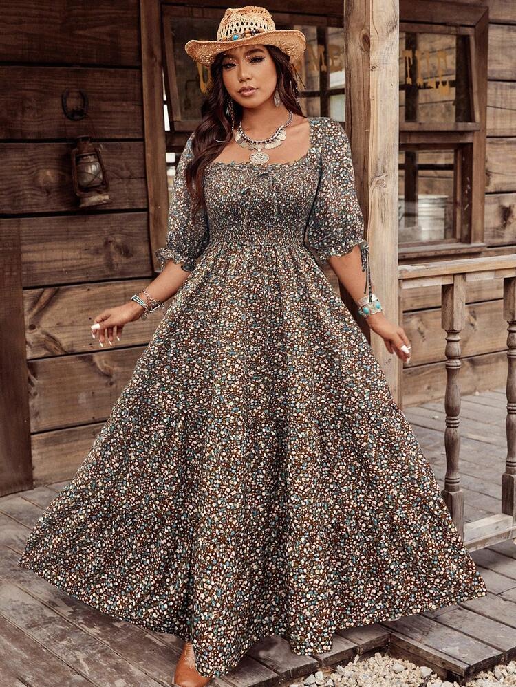 SHEIN MOOSTA Plus Size Women's Bohemian Style Vintage Square Neck Romantic Colorful Ditsy Floral Maxi Layered Dress Bohemian Maxi Dress Plus Size Western Dress Boho Maxi Dress For Women Boho Dress Curve Plus Size Boho Maxi Dress - Multicolor - View 5