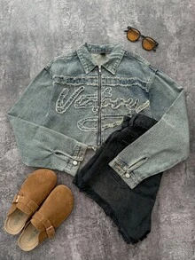 Attitoon Áo khoác denim mùa đông thu cổ điển Y2k cho nữ tay dài có viền tua rua phía trước, mặc hàng ngày - Rửa nhẹ - Xem 6