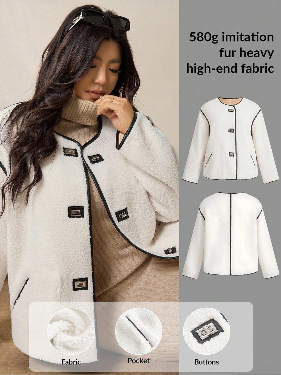 Zelara Plus Size Women Casual Versatile Contrast Color Trim Jacket, Autumn/Winter Winter Clothes Christmas Chic Fall Party Going Out  Elegant