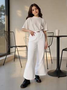 SHEIN Tween Girls' Letter Patch Detail Flare Pants, Casual & Fashionable, High-Waisted Design, Letter Patch Decor, Flare Leg - White - View 3