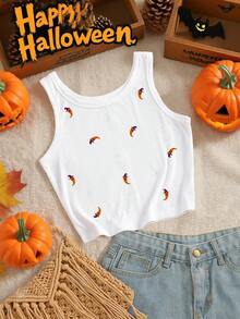 INAWLY Halloween Ghost Chili Pepper Embroidered Women Round Neck Tank Top - White - View 3
