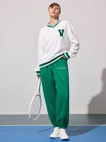 Gameset SHEIN Sport 女式羊毛运动衫，带图形字母印花标语、口袋、宽松版型、踝袖口、直筒休闲运动裤，适合跑步和日常穿着，秋冬 - 綠色 - 查看 4