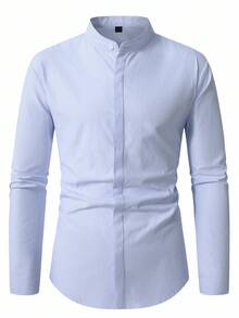 Manfinity Mode 男士休闲条纹衬衫，立领隐形纽扣，修身男士衬衫，男士正装衬衫，男士蓝色条纹衬衫，男士浅蓝色男士衬衫，Old Money，秋季 - 藍白色 - 查看 1