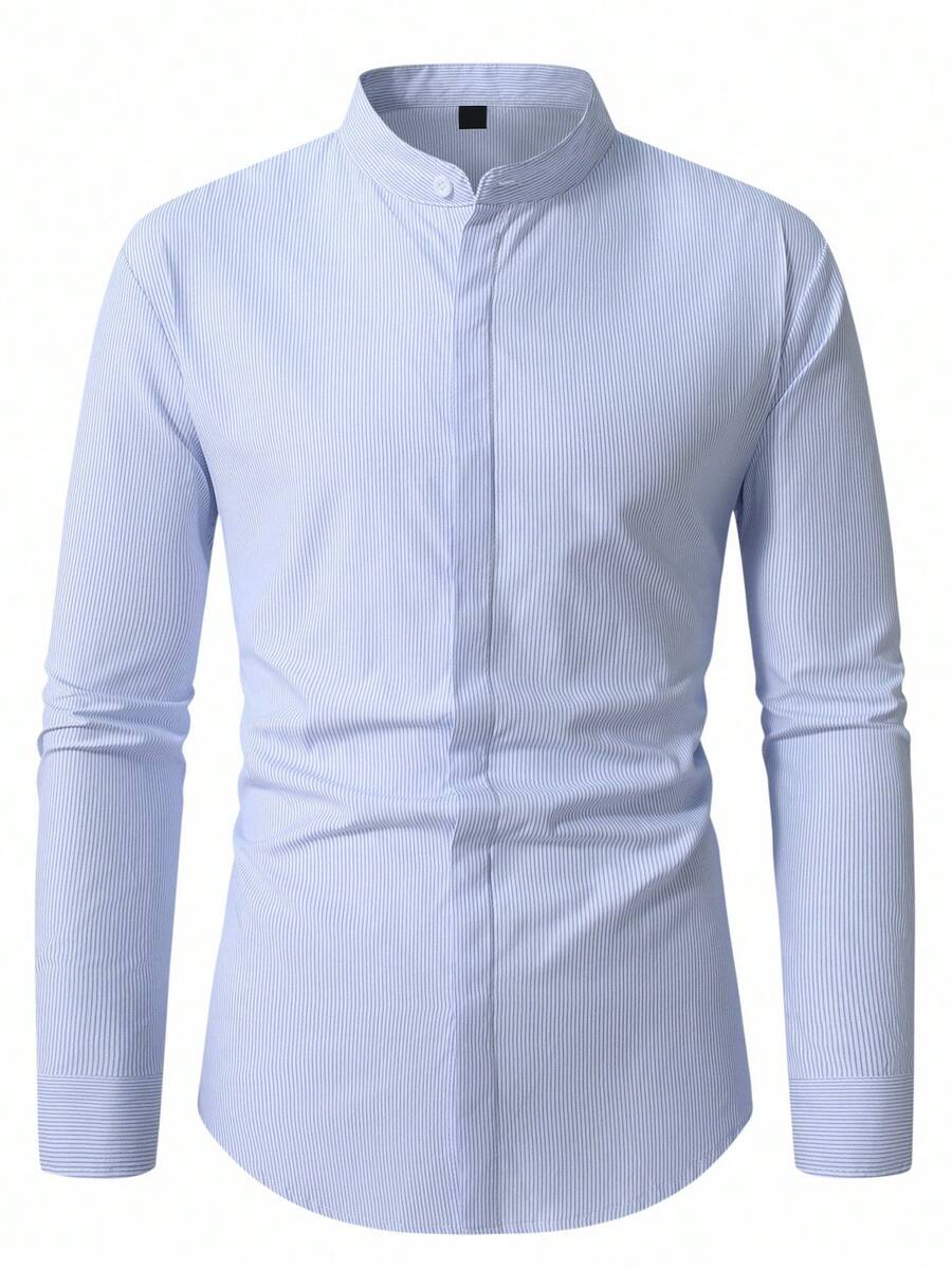 Manfinity Mode 男士休闲条纹衬衫，立领隐形纽扣，修身男士衬衫，男士正装衬衫，男士蓝色条纹衬衫，男士浅蓝色男士衬衫，Old Money，秋季 - 藍白色 - 查看 1