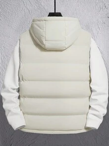 Manfinity Homme 1pc Loose Fit Men's Zipper Hooded Puffer Vest Coat, Fall Winter - Beige - View 2