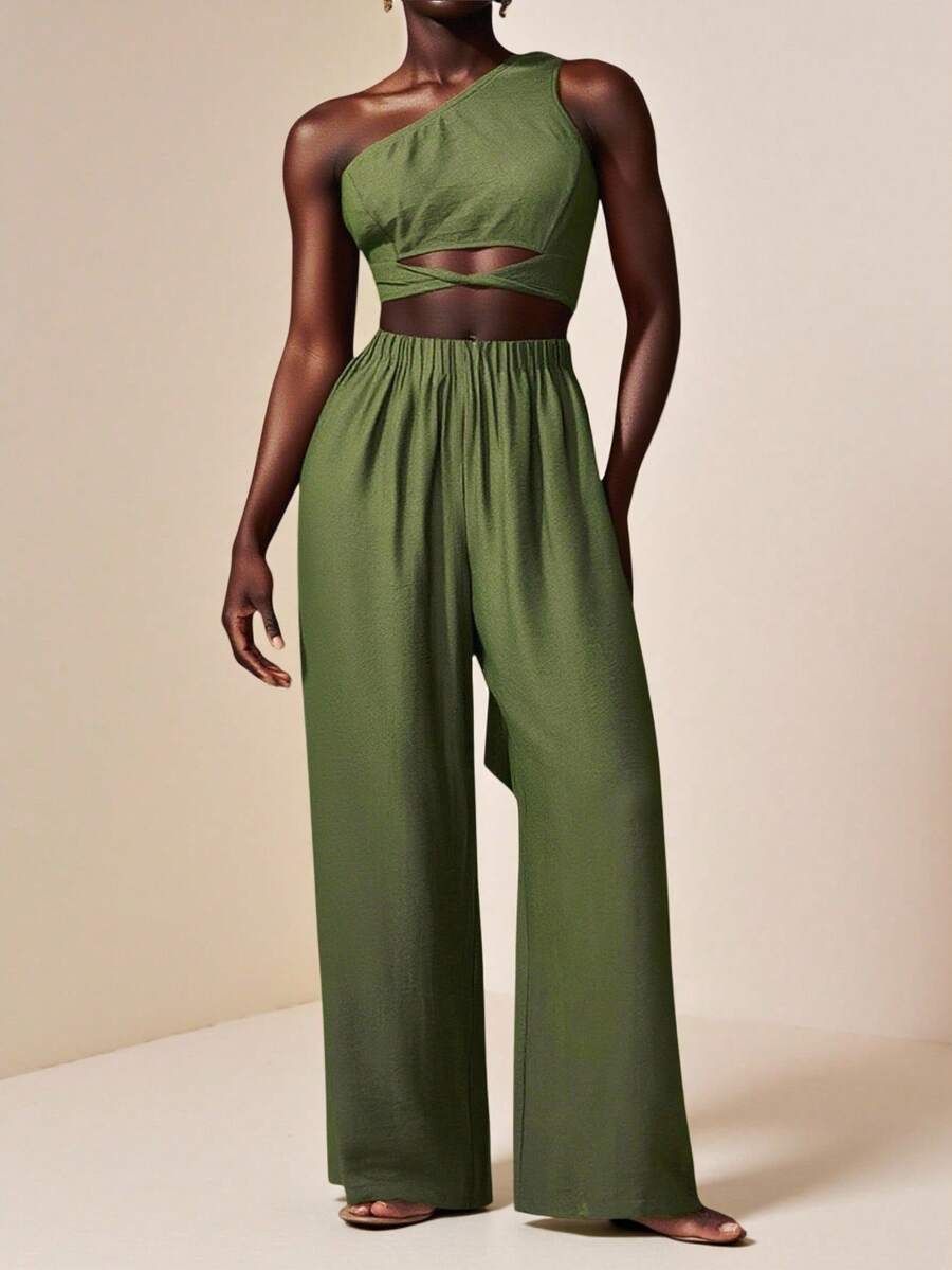Veslaya Autumn And Winter Elegant Vacation Daily Date Birthday Party Simple Commuter One Shoulder Waist Cross Strap Slim Fit Top + Wide Leg Ultra-Long Pants Woven Fabric Plus Size Women's Sets - Green - View 1