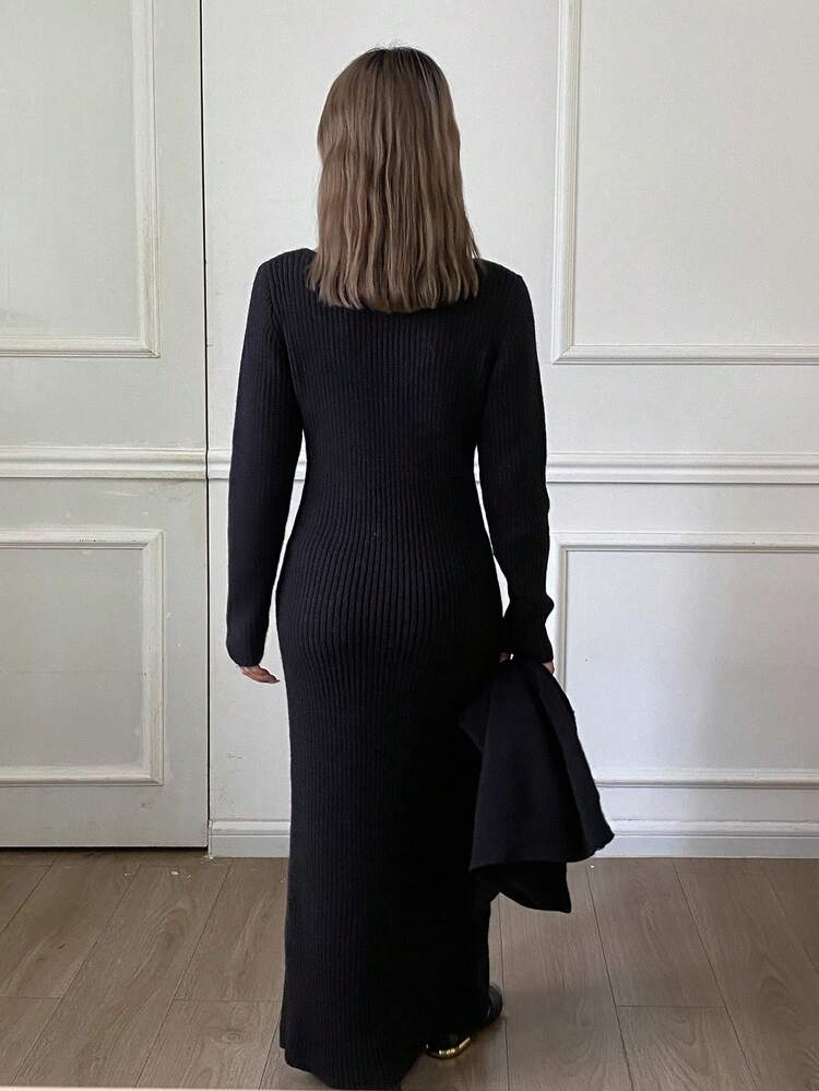Women's Elegant Black Knitted 2 Pieces Set, Autumn/Winter Fall
