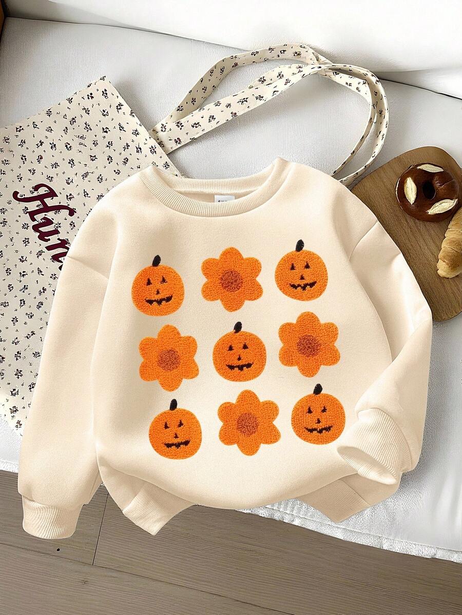Vintaside Kids 女婴休闲时尚可爱仿皮草效果南瓜和花朵印花圆领卫衣，秋冬装，万圣节装 - 彩色 - 查看 1