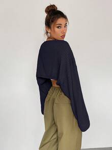 Flirla Women's Solid Color Drop Shoulder Long Sleeve Cropped Casual Cardigan, Autumn - Navy Blue - View 2