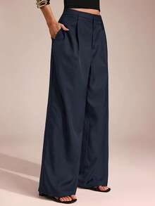 SHEIN Forever 21 女士裤子商务休闲女士西装女士阔腿裤办公室女士服装宽松裤职业女性服装办公室服装灰色 - 藏蓝色 - 查看 4