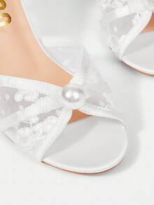 CUCCOO HITCHD White Pointed Toe Stiletto Heel Lace Mesh Pearl Elegant Wedding Party Women's High Heel Sandals For Christmas - White - View 9