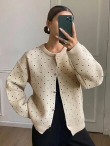 Women's Autumn Dropped Shoulder Long Sleeve Round Neck Polka Dot Loose Cardigan - Khaki - View 3