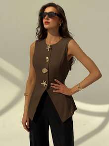 Aloruh Blazer sin mangas con cuello redondo minimalista para oficina y viajes, con decoración metálica, para mujer en otoño/invierno