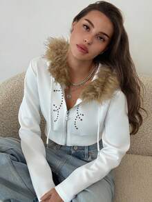Aloruh 镶钻连帽短款外套，秋冬返校季时尚上衣，适合锐舞派对、乡村音乐会、伊比沙岛、纳什维尔等场合，亦可搭配西部牛仔服饰，波西米亚街头风热带辣妹风白色短外套 - 白色 - 查看 8