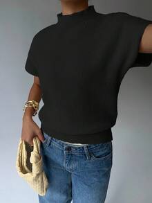 Aloruh 女式纯色立领蝙蝠袖短袖休闲针织上衣，秋季 - 黑色 - 查看 8