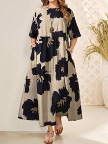 Rosumi Plus Size Short Sleeve Waist Pleated Split Side Dual Pocket Music Festival Bohemian Floral Print Dress For Women, Suitable For Spring & Summer Summer Dresses For Women Vacation Outfits Woman,Maxi Dress Floral Maxi Dress Plus Size Floral Maxi Dress Summer Dresses For Women,Flowy Dress