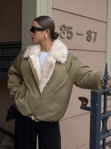 DAZY Women's Casual Fuzzy Patchwork Jacket, Winter Women Coats - Army Green - View 5