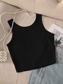 INAWLY Women's Fashion Ribbed Bow Rhinestone Decor Round Neck Camisole - Black - View 2