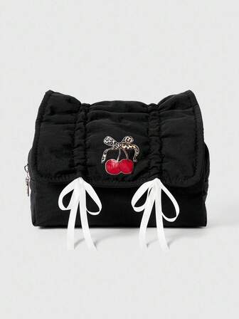 Kawaii 1 pezzo Borsa per trucchi vintage carina con fiocco e laccio, grande capacità, portatile, astuccio per matite con motivo leopardato e a ciliegie