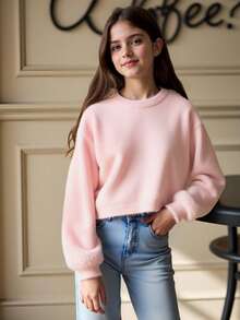 Girls Bishop Sleeve Crop Fuzzy Jumper - Pink - View 5