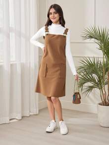 SHEIN 少女装：1 件白色立领长袖上衣和 1 件灯芯绒宽松无袖口袋吊带连衣裙，2 件套 - 棕色 - 查看 4