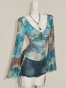 SHEIN ICON 秋季女式西部波西米亚风蓝绿色全身印花V领褶饰优雅长袖衬衫 - 彩色 - 查看 6