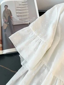 GlowEve CURVE Plus Size Women Solid Color Ruffle Cuff Single-Breasted Loose Blouse - White - View 4