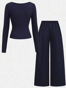 Girlism Teen Girls Navy Blue Ribbed Long Sleeve Mock Neck Contrast Trim Button Design Tight Fit Turtleneck Top And Wide Leg Pleated Pants Casual Street Chic Two Pieces Set Fall Winter