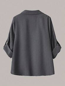 Linhara Plus Size Women's Casual 2 Pieces Set, Solid Color Turndown Collar Single-Breasted Casual Commuter Shirt And High Waist Loose Wide Leg Pants Suit