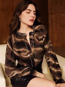 Anewsta 秋季新款现代缀饰渐变色印花女式衬衫 - 棕色 - 查看 4