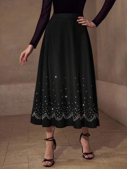 MOTF PREMIUM ELEGANT BLACK RHINESTONE EMBELLISHED FLARED SKIRT