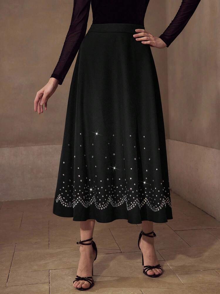 ELEGANT BLACK RHINESTONE EMBELLISHED FLARED SKIRT