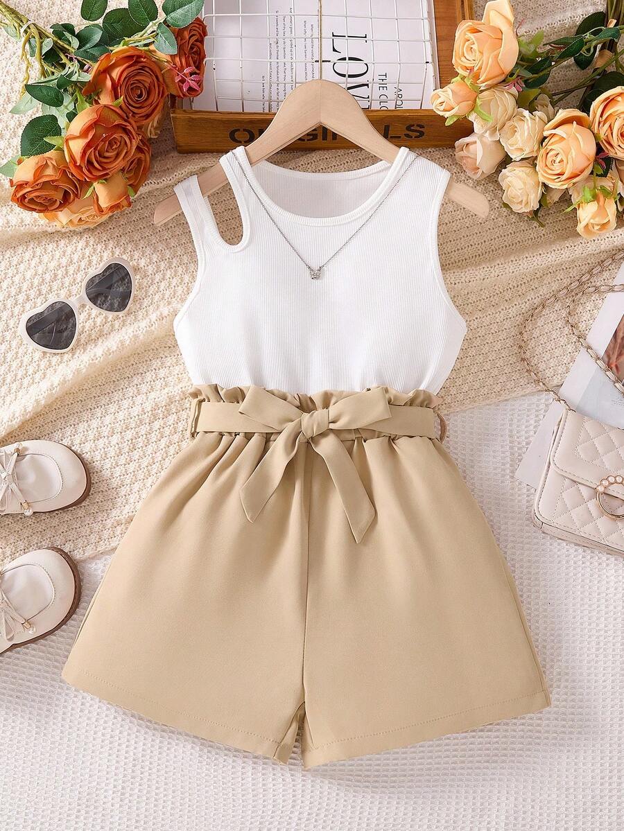 2 件套青少年女孩镂空吊带背心和纸袋腰短裤套装 - 卡其色 - 查看 1