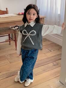 DAZY 少女系可爱蝴蝶结针织毛衣，秋冬 - 灰色 - 查看 5