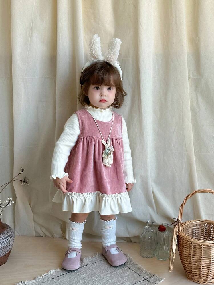 Baby Girl Round Neck Ruffle Hem Color Block Mid-Length Dress, Korean Style Fall, Winter Toddler Girls Clothes