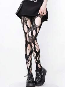 ROMWE Goth 性感破洞紧身裤，适合搭配迷你裙 - 黑色 - 查看 4