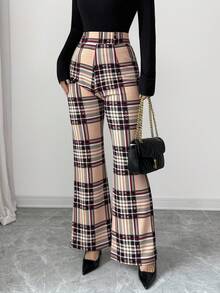 Elenzga 25-30+ High Waist Plaid Straight Leg Elegant Women Pants, Casual Autumn, Christmas