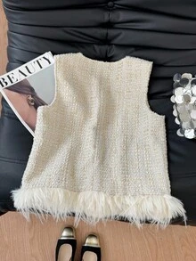 SHEIN Frenchy 女士法式休闲冬季优雅无袖粗花呢面料仿毛皮饰边大衣，适合通勤、日常穿着、冬季女装、派对、新年等场合。 - 杏色 - 查看 2