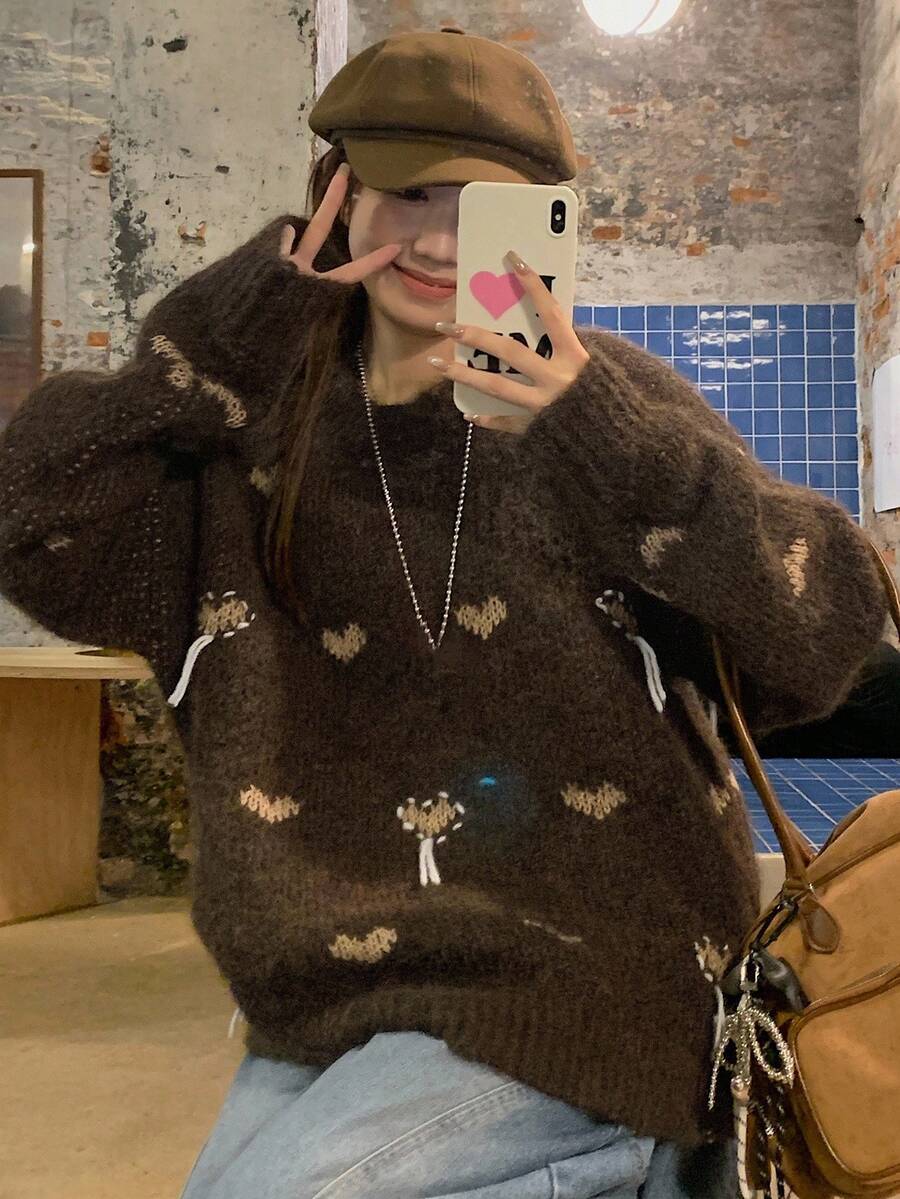 DAZY Women's Round Neck All-Over Heart Print Drawstring Pullover Casual Loose Long Sleeve Sweater Fall/Winter