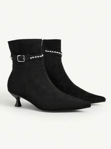 CUCCOO CHICEST Giày bốt cao đến bắp chân bằng da lộn màu đen, khóa cài thanh lịch, đính đá thời trang dành cho nữ, đa năng - màu đen - Xem 2