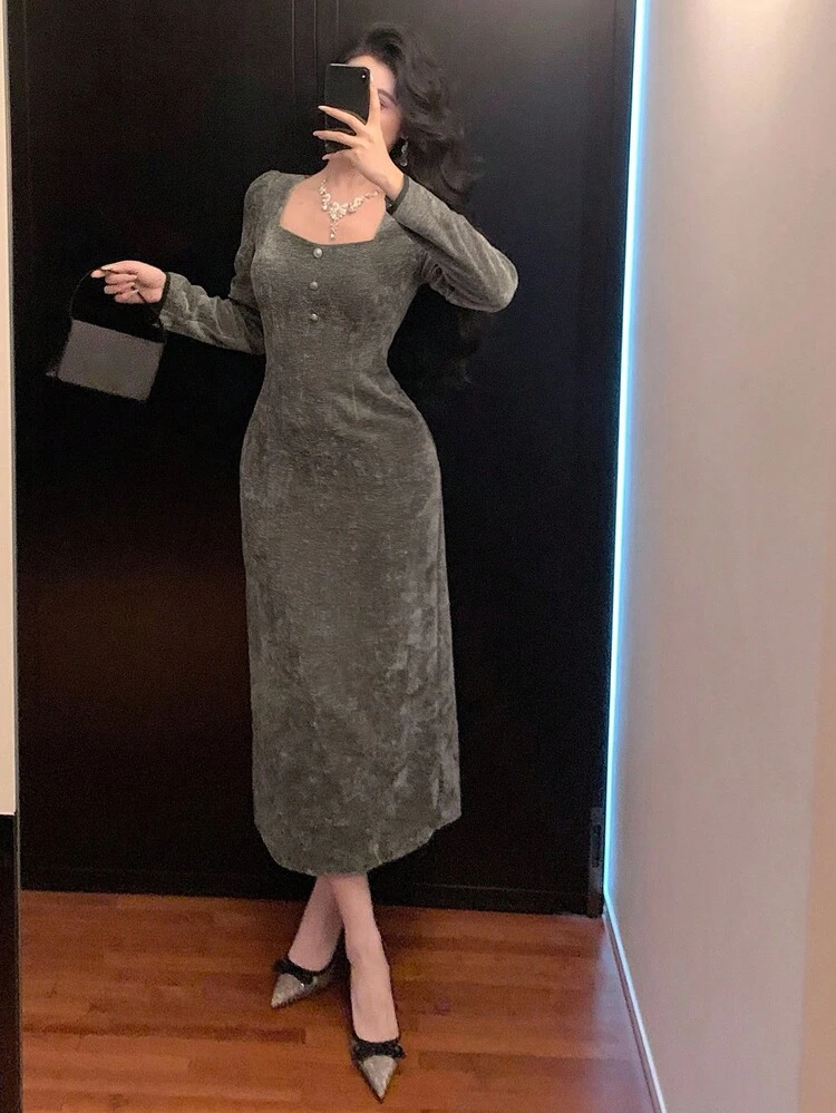 Autumn/Winter Velvet Metal Buckle Decor Waist Fitted Bodycon Cocktail Dress, Sexy Long Dress For Party, Wedding, Prom, Fashion Puff Sleeve