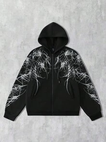 ROMWE MEN Goth Cárdigan con capucha negro con estampado de líneas y cadenas góticas, ropa de calle de moda para hombres jóvenes, uso diario casual, otoño e invierno - Negro - Ver 1